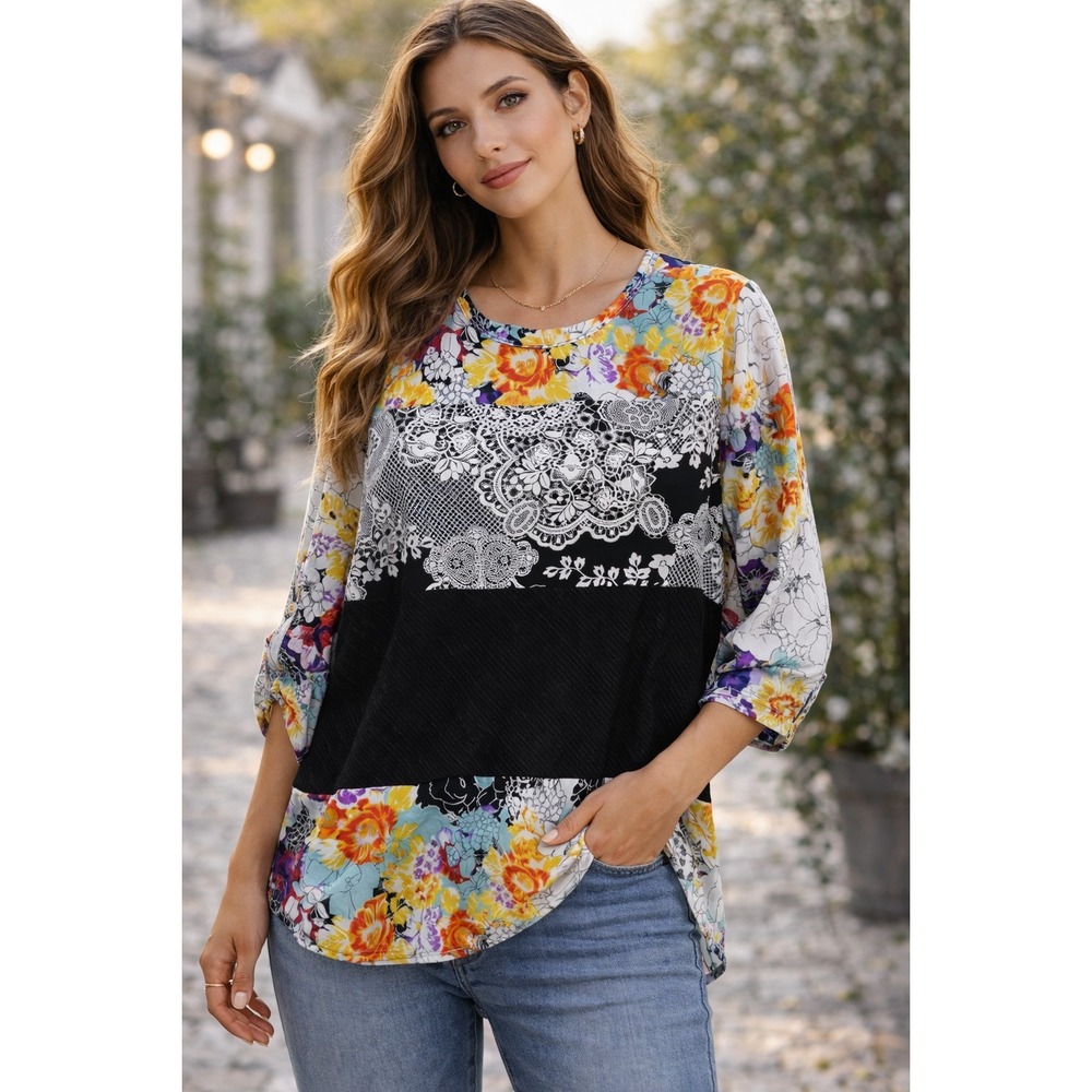 Calessa Floral Lace Print Blouse Womens L 3/4 Sleeve Stretch Boho Chic